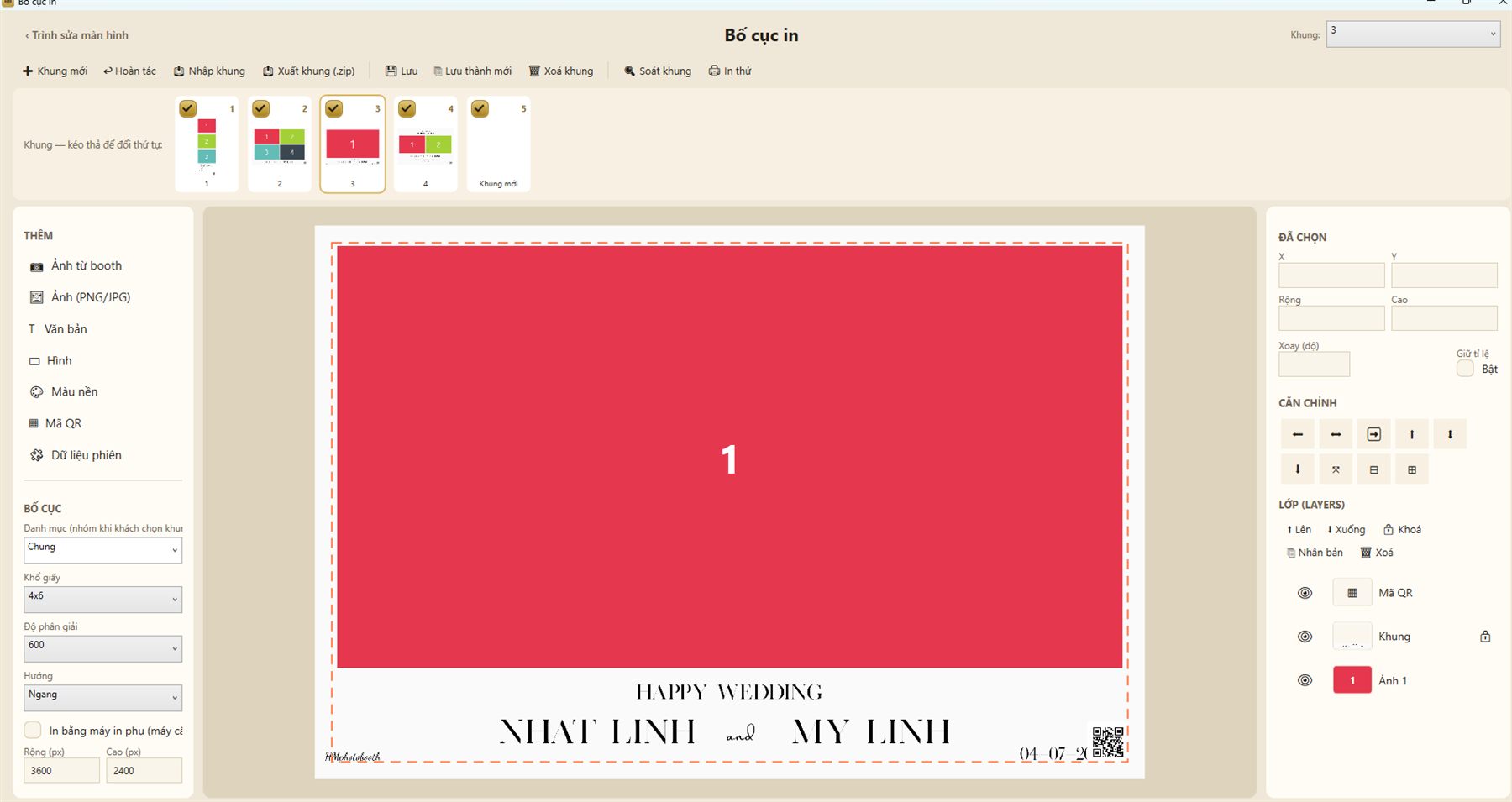 Màn hình thiết kế bố cục in của phần mềm HM Photobooth